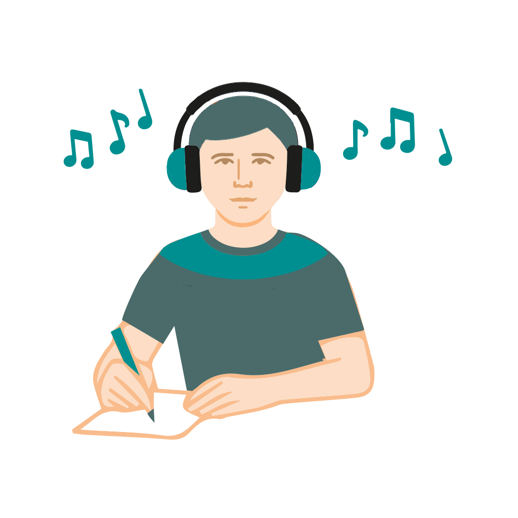 persoon die formulier invult terwijl hij naar muziek luistert