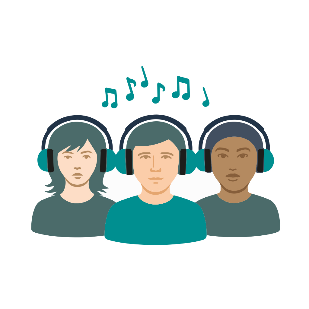 Groep mensen die met koptelefoon naar muziek luisteren