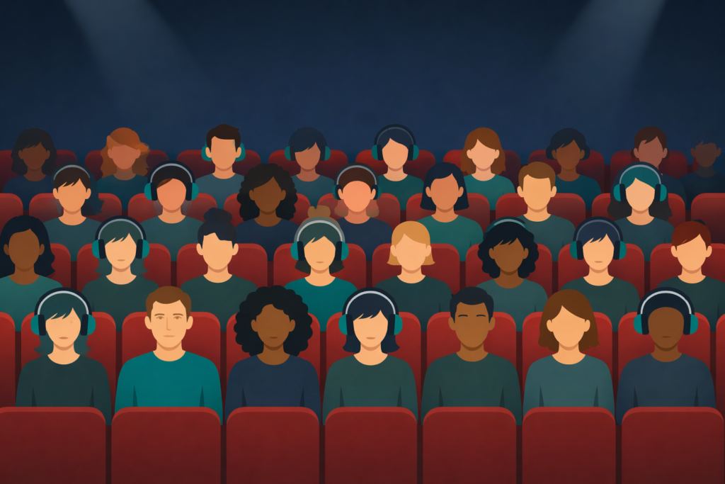 Publiek in een theater, waarvan sommige mensen een koptelefoon op hebben.