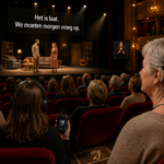 Vrouw met een cochleair implantaat kijkt naar een toneelvoorstelling
