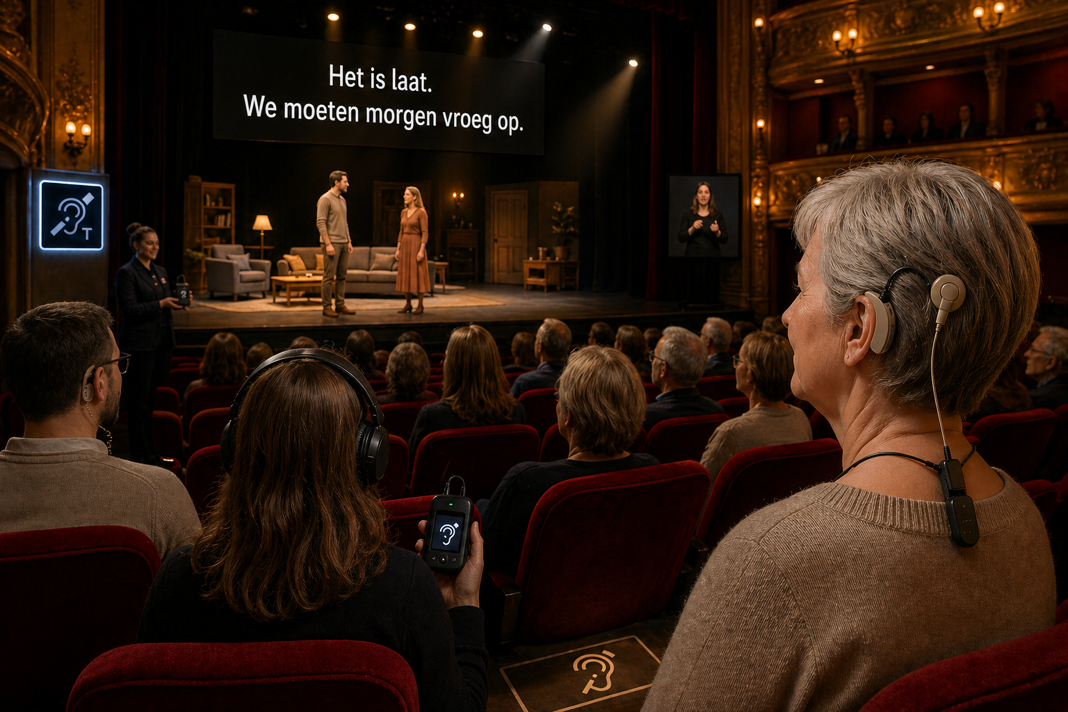 Vrouw met een cochleair implantaat kijkt naar een toneelvoorstelling